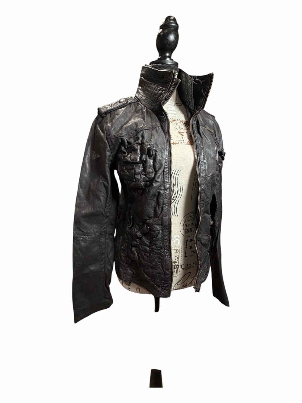 Superdry Black Leather Jacket with Blue Lining size Medium